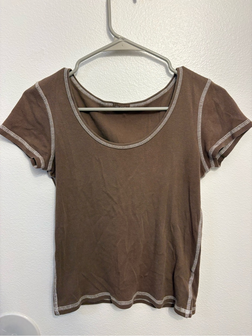 Brandy Melville Brown Short Sleeve Scoop Neck Tee with Contrast Stitching
